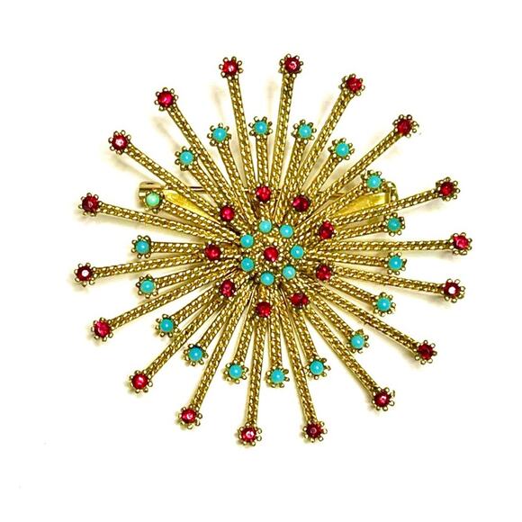 Sputnik Brooch Red Turquoise Blue Rhinestone Gold Vtg Estate Jewelry Orb Pin O06 - Picture 1 of 4